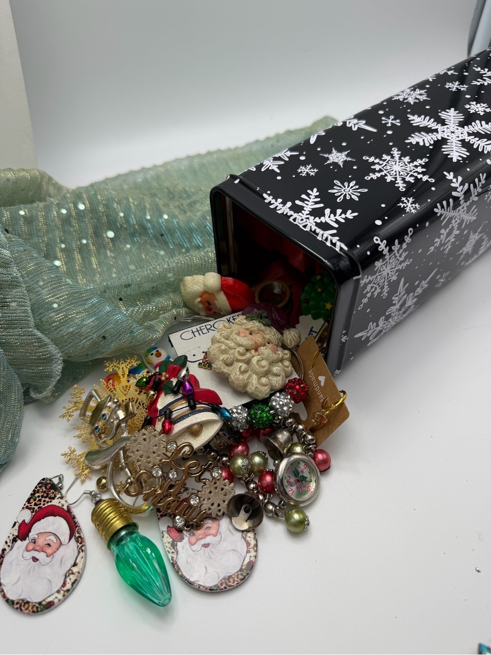 Tall Christmas tin full of Festive Jewelry